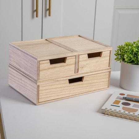 Martha Stewart Weston Stackable Light Natural Paulownia Wood Boxes W/ Drawers, Office Desktop Organizers, Set of 3 LY-E115118-3-NAT-MS